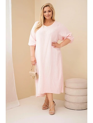 Dámské šaty Plus Size z bavlněného mušelínu s výstřihem do V bonbónově růžová