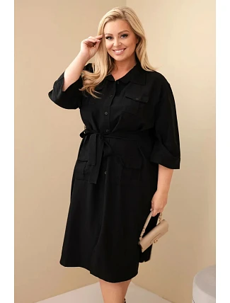 Dámské bavlněné košilové šaty Plus Size s páskem černá