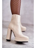 Hladké Kožené Botičky Na podpatku Béžove Kaysa