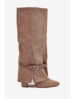 Dámské nazouvací kozačky na podpatku s ozdobným páskem Béžové Jolivine