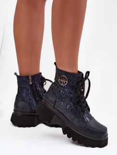 Kožené dámské boty na platformě s nápisy a ozdobným detailem Artiker 57C2271 tmavě modré
