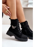 Zateplené kotníkové boty s ozdobou Černé S.Barski HY42-281