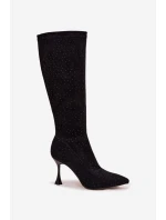 Dámské kozačky na jehlovém podpatku s ozdobou D&A JC52-883 Černé