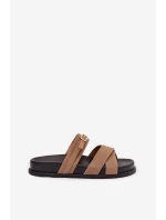 Dámské pantofle s pásky a zlatým přezkou tmavě béžové Selorina