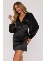 M888 Saténové mini šaty s nadýchanými rukávy - černé