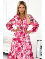 436-1 VALENTINA Midi šaty s výstřihem a páskem - RŮŽOVÉ růže na bílém pozadí 436-1 VALENTINA Midi šaty s výstřihem a páskem - RŮŽOVÉ růže na bílém pozadí