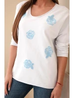 Dámská bavlněná blůza s vyšívanými květinami a V výstřihem bílá+modrá