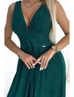 490-3 SUSAN Dlouhé brokátové šaty s výstřihem a prošíváním v pase - BOTTLE GREEN
