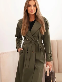 Dámský kabát s vázáním v pase a límcem khaki