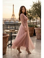 664-1 Dlouhé maxi šaty s tylovými rukávy a obálkovým výstřihem - pudrově růžové