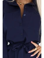 284-4 CAMILLE Košilové šaty s kapsami a vázáním - tmavě modré 284-4 CAMILLE Košilové šaty s kapsami a vázáním - tmavě modré