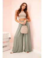 Široké dámské kalhoty z viskózy s elastickým pasem khaki Široké dámské kalhoty z viskózy s elastickým pasem khaki