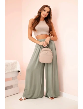Široké dámské kalhoty z viskózy s elastickým pasem khaki Široké dámské kalhoty z viskózy s elastickým pasem khaki