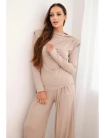 Dámský bavlněný komplet s blůzou a širokými kalhotami bežový