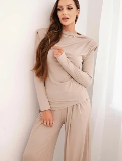 Dámský bavlněný komplet s blůzou a širokými kalhotami bežový