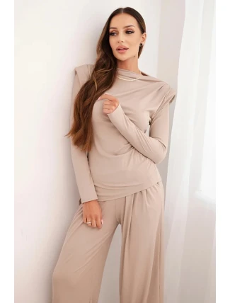 Dámský bavlněný komplet s blůzou a širokými kalhotami bežový