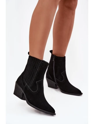 Semišové kovbojské kotníkové boty dámské na podpatku zateplené černé Dylira