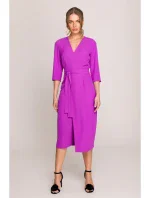 S396 Šaty se zavinovacími detaily ve střední délce - levandulová barva