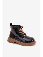 Zateplené dětské lakované kotníkové boty s přezkou medvěd černé Jovellea