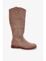 Dámské kozačky na nízkém podpatku s perforovaným vzorem S.Barski – béžové, eko kůže