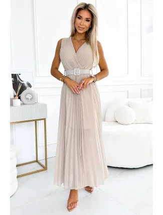 546-1 Plisované šaty s širokým páskem a výstřihem - BEACH