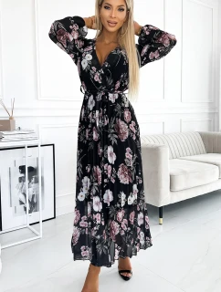 502-1 Plisované midi šaty s výstřihem, dlouhými rukávy a zavazováním v pase - ČERNÉ s růžovými květy