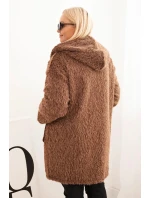 Dámský kabát Plus Size z viskózy na zip s kapucí hnědý Dámský kabát Plus Size z viskózy na zip s kapucí hnědý