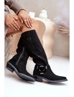 Semišové Kozačky Kovbojky Na Nízkém Podpatku S Dekorací Zazoo 3656 Černé