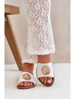 Kožené Pantofle S Dekorací Na Plochém Podpatku Bílé Zazoo 3047/O