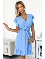455-2 Šaty CORNELIA s volánem, výstřihem a zavazováním - MODRÉ