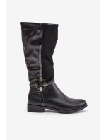 Zateplené kozačky na plochém podpatku s ozdobnou sponou černé Leatharia
