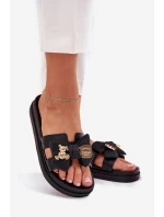 Dámské Pantofle S Mašlí A Zlatou Broží Černé Lynara