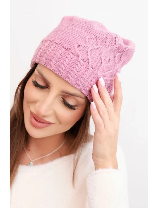 Dámská zimní čepice z vlny s dekorativním ražením K474 tmavě růžová