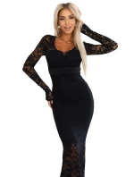 620-1 Večerní krajkové síťované maxi šaty s dlouhými rukávy - černé 620-1 Večerní krajkové síťované maxi šaty s dlouhými rukávy - černé