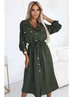 531-5 Midi košilka se zlatými knoflíky a vázáním - KHAKI 531-5 Midi košilka se zlatými knoflíky a vázáním - KHAKI