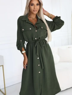 531-5 Midi košilka se zlatými knoflíky a vázáním - KHAKI