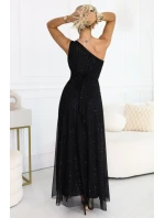 656-3 Dlouhé třpytivé večerní šaty na jedno rameno - klasické černé