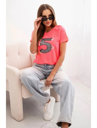 Dámská bavlněná blůza s krátkým rukávem a nášivkou s perlami růžová neon Dámská bavlněná blůza s krátkým rukávem a nášivkou s perlami růžová neon