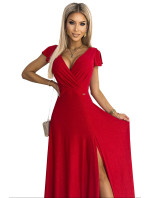 CRYSTAL - Dlouhé červené lesklé dámské šaty s výstřihem 411-2