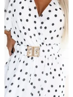 604-2 Smyslné černé hráškové šaty s obálkovým výstřihem a ozdobným páskem - bílé 604-2 Smyslné černé hráškové šaty s obálkovým výstřihem a ozdobným páskem - bílé