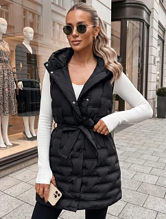 Dámská prošívaná vesta s kapucí a páskem, černá, FashionStreet TY5903