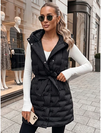 Dámská prošívaná vesta s kapucí a páskem, černá, FashionStreet TY5903 Dámská prošívaná vesta s kapucí a páskem, černá, FashionStreet TY5903