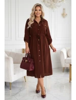 651-1 Šaty midi s knoflíky a páskem - čokoládové