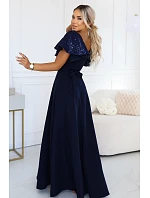 694-4 MIRELLA Elegantní maxišaty s rozšiřujícím se střihem a flitrovými rukávy – tmavě modré 694-4 MIRELLA Elegantní maxišaty s rozšiřujícím se střihem a flitrovými rukávy – tmavě modré