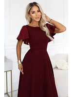 694-3 MIRELLA Elegantní maxi šaty s rozšiřujícími se sukněmi a flitrovými rukávy – vínová 694-3 MIRELLA Elegantní maxi šaty s rozšiřujícími se sukněmi a flitrovými rukávy – vínová