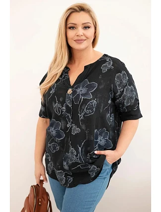 Dámská bavlněná halenka Plus Size s květinovým vzorem černá