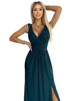 467-1 LOUISE brokátové dlouhé šaty s výstřihem a rozparkem na nohou - BUTTER GREEN