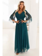 654-1 Dlouhé lesklé plus size šaty s výstřihem a průhlednými rukávy - lahvově zelené