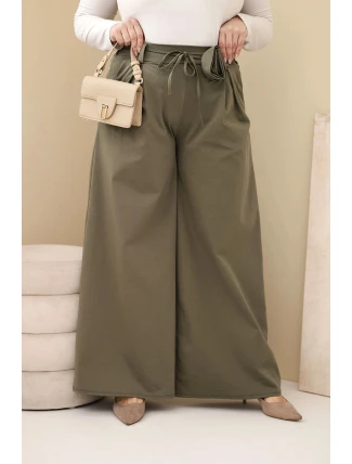 Dámské kalhoty Plus Size s širokou nohavicí a ozdobným květem v pase khaki