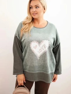 Dámská mikina Plus Size bavlněná s potiskem srdce a šňůrkami khaki